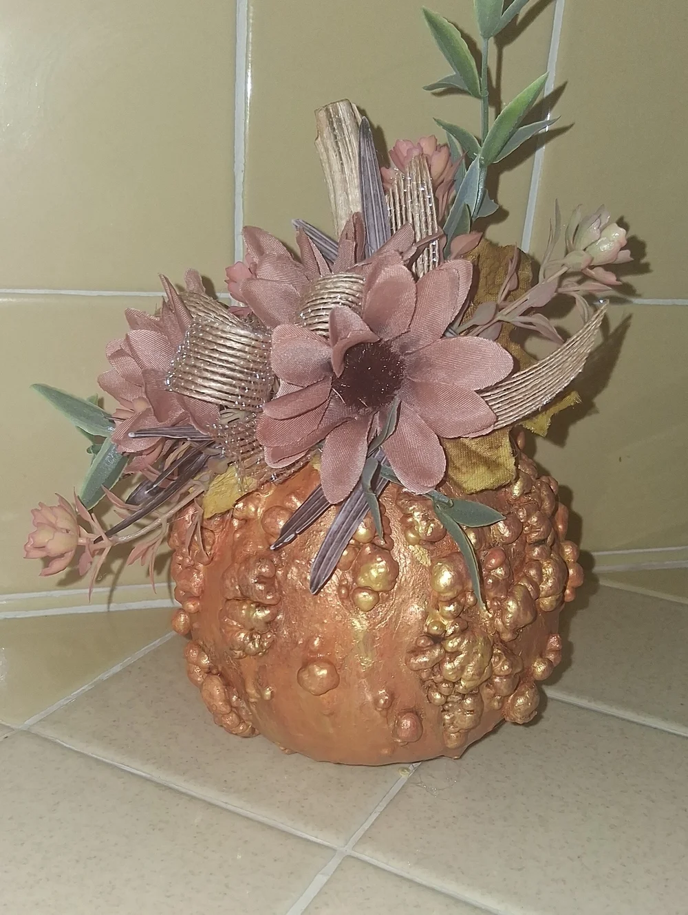 Dried Orange Decorative Pumpkin with Pink Floral Accent